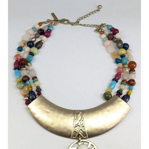 Chico's Huge Chunky Multi Strand Multi Color Stone Gold Tone Medallion Necklace - Picture 7 of 10